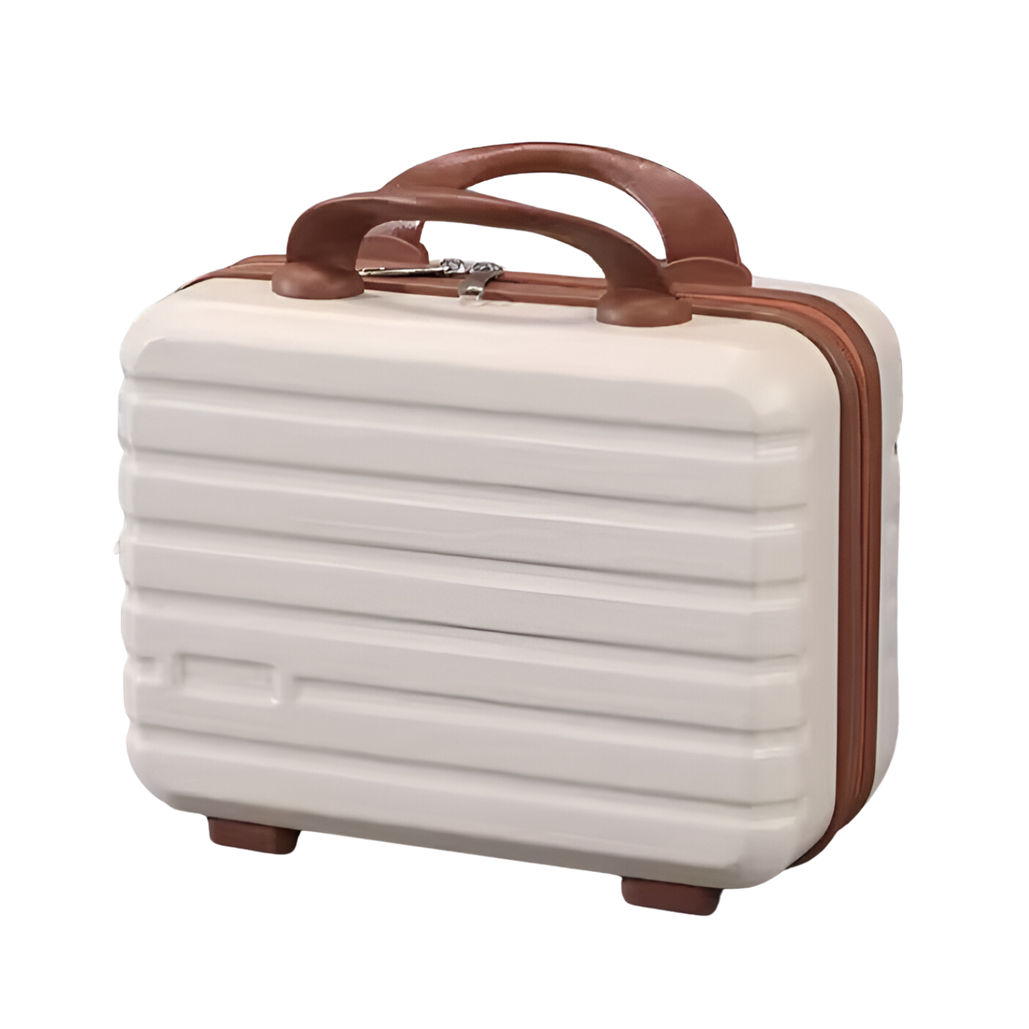 White hard-shell travel suitcase with brown leather handles and zipper, featuring a compact design and durable construction. Ideal for carry-on luggage.