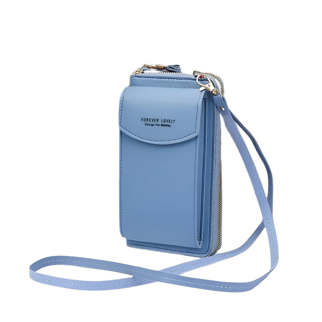 Light blue crossbody phone wallet with adjustable strap, multiple compartments, and secure snap closure. Ideal for travel and everyday use.