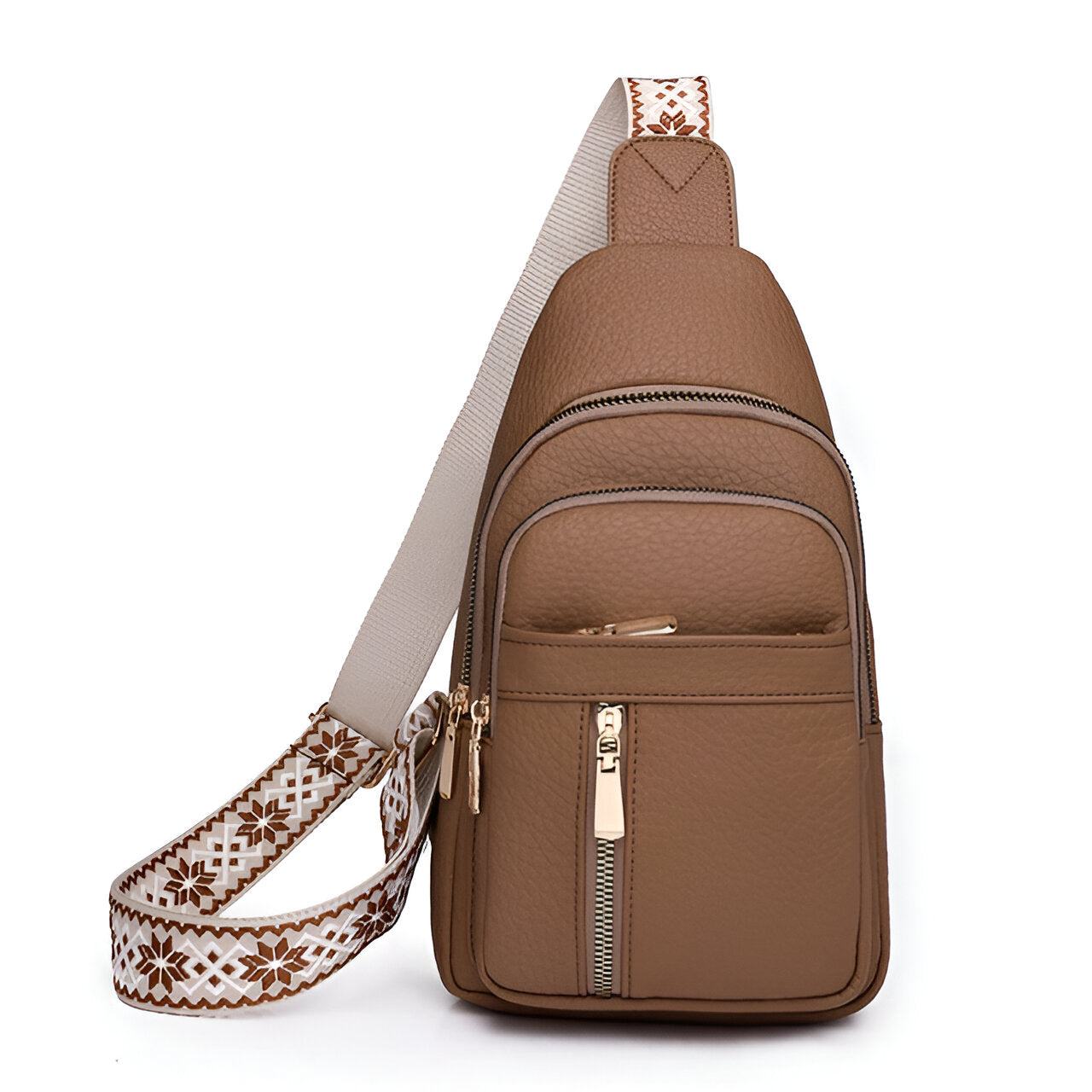 Brown leather crossbody sling bag with adjustable patterned strap, multiple zippered pockets, and gold-tone hardware. Stylish and functional accessory.