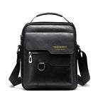 Black leather crossbody bag with adjustable strap, front zipper pocket, and embossed "WEIXIER" logo. Stylish men's shoulder bag for travel or work.