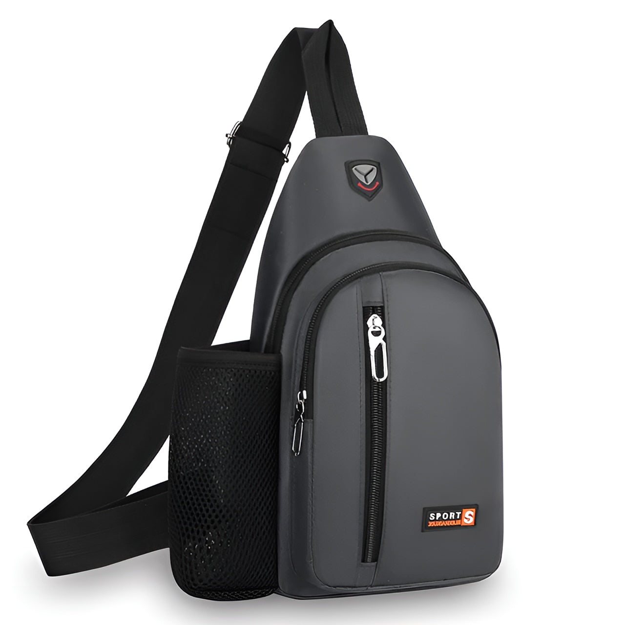 Gray sling backpack with adjustable strap, front zipper pocket, and mesh side pocket. Ideal for travel, hiking, and daily use. Durable and stylish design.