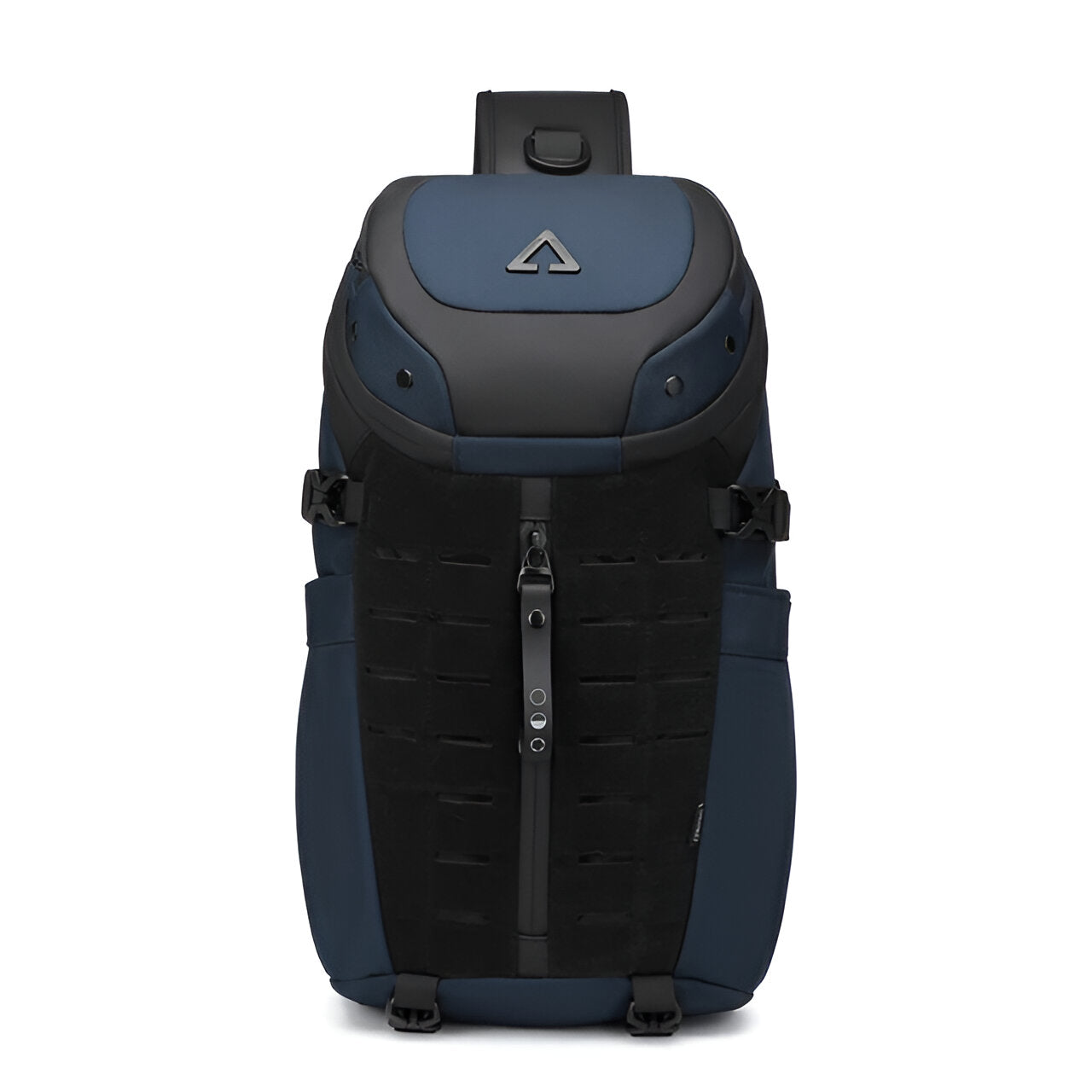 Sleek black and blue tactical backpack with multiple compartments, durable material, and ergonomic design. Ideal for travel, hiking, and outdoor adventures.