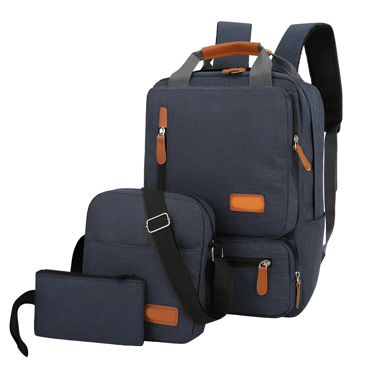 Dark gray travel backpack set with leather accents, featuring a large backpack, crossbody bag, and pouch. Ideal for school, work, or travel.