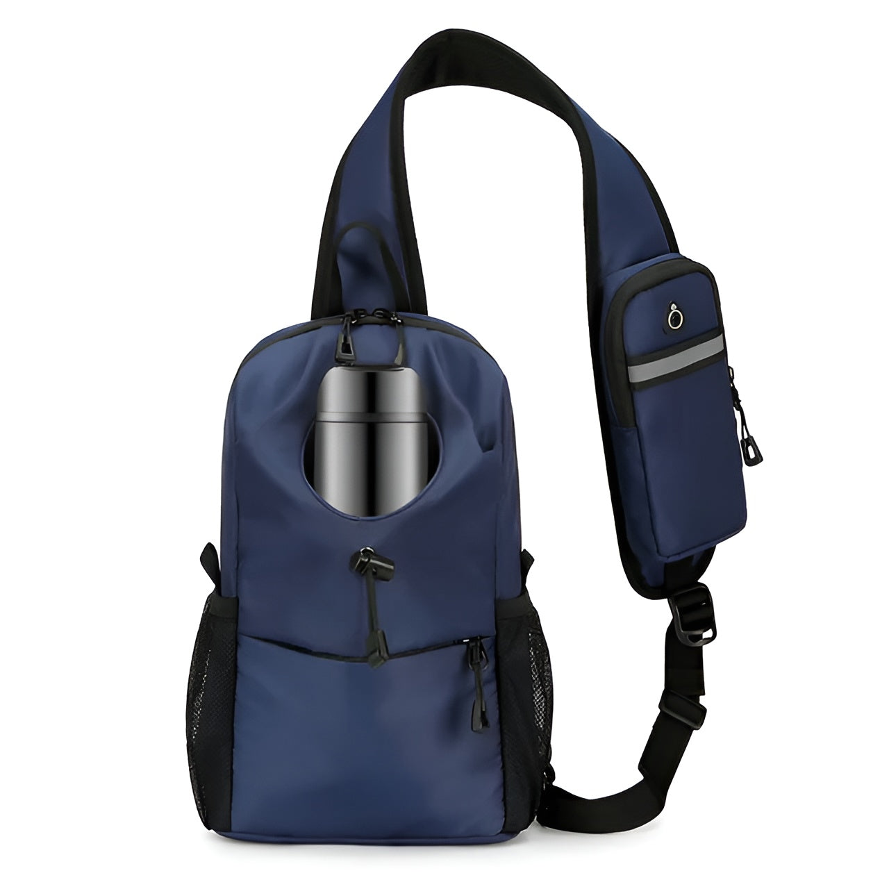 Navy blue sling backpack with water bottle holder, adjustable strap, and front zip pocket. Ideal for travel, hiking, and outdoor activities.