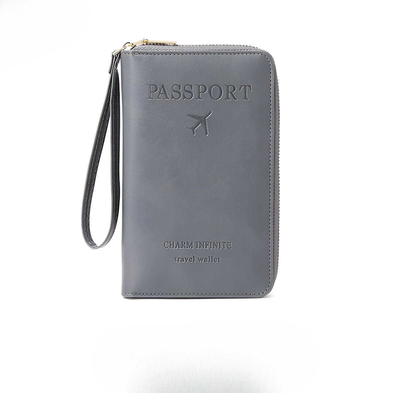 Gray leather travel wallet with "Passport" embossed, featuring a wrist strap and airplane icon. Ideal for secure travel document organization.