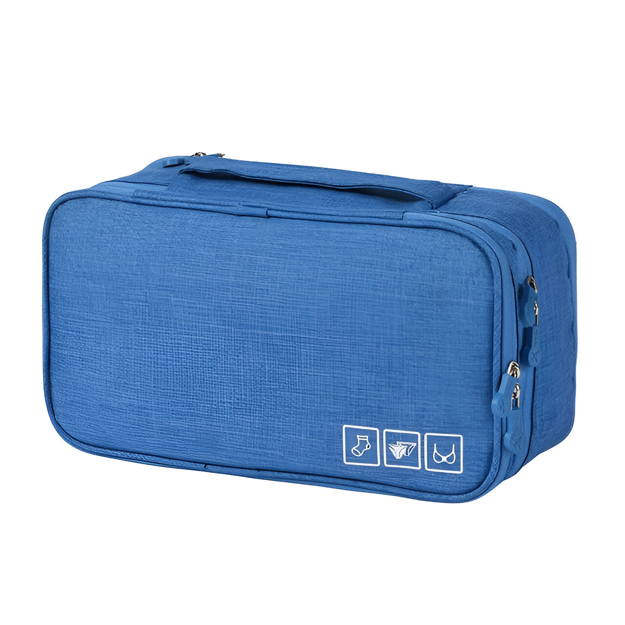 Blue travel organizer bag with zipper, handle, and icons for socks, underwear, and bras. Ideal for packing, storage, and travel organization.