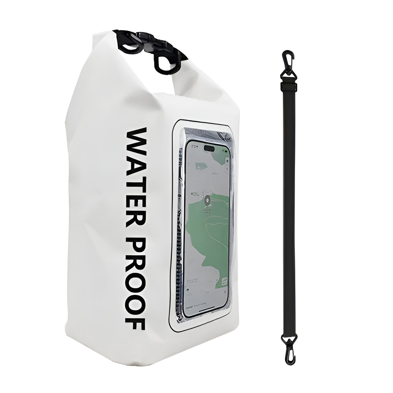 Waterproof dry bag with transparent phone pocket, white color, featuring black strap. Ideal for outdoor activities, kayaking, and hiking.