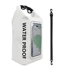 Waterproof dry bag with transparent phone pocket, white color, featuring black strap. Ideal for outdoor activities, kayaking, and hiking.