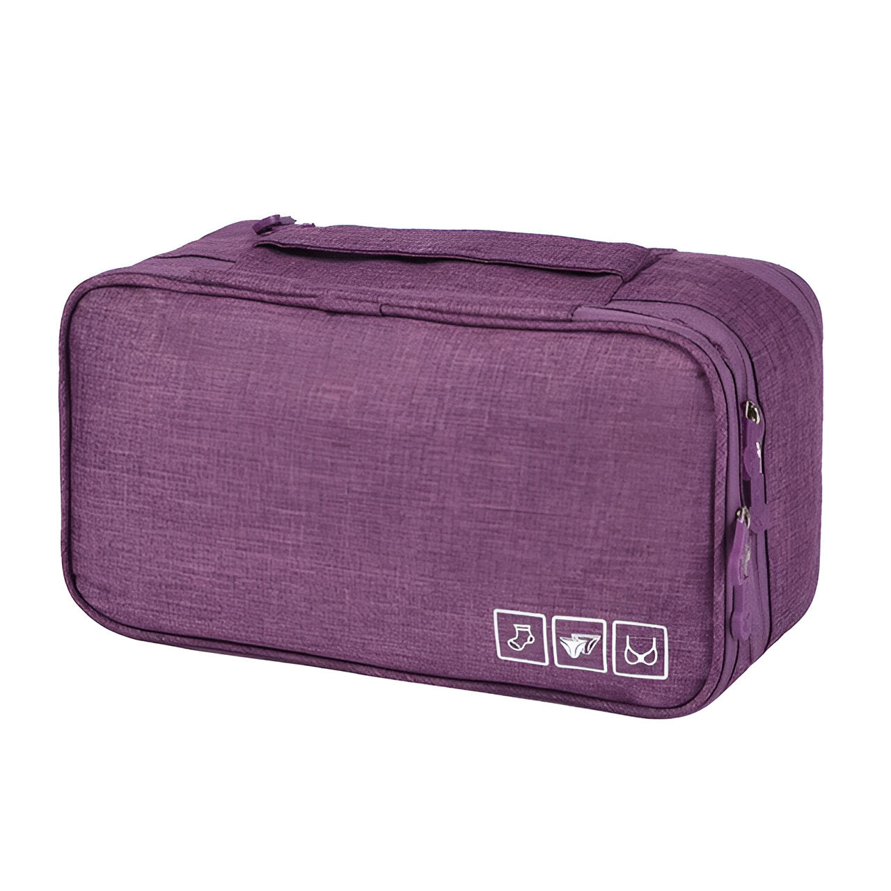 Purple travel organizer bag with zipper, handle, and icons for shoes, clothes, and bras. Ideal for packing, storage, and luggage organization.