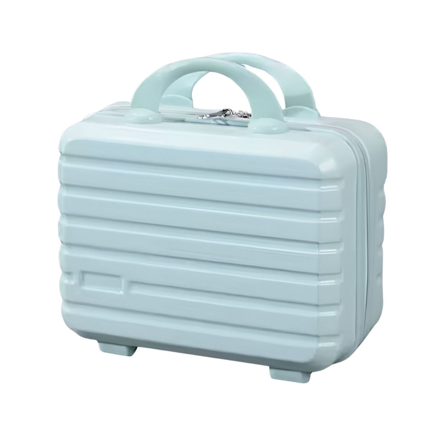 Light blue hard-shell travel vanity case with ribbed design, durable handle, and secure zipper closure. Ideal for cosmetics and toiletries storage.