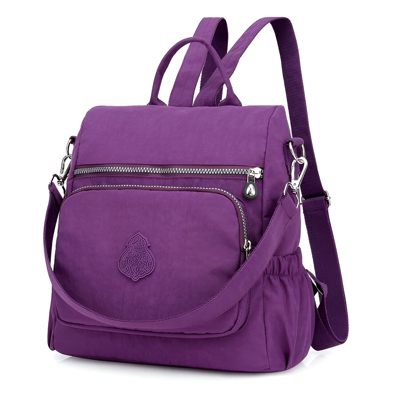 Purple nylon backpack with multiple compartments, adjustable straps, and front zipper pocket. Stylish and functional for travel or daily use.