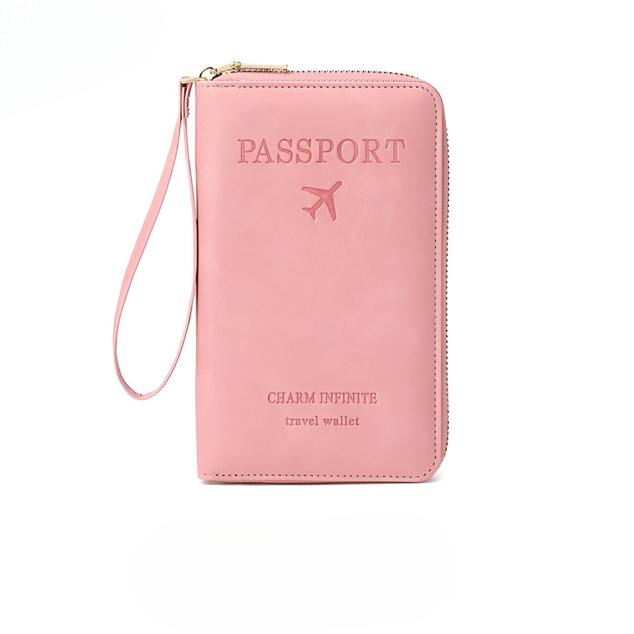 Pink leather travel wallet with "Passport" embossed, featuring a wrist strap and airplane icon. Ideal for organizing travel documents securely.