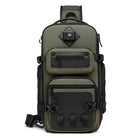 Tactical green backpack with multiple compartments, durable zippers, and MOLLE webbing, ideal for outdoor adventures, hiking, and travel gear storage.