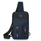 Navy blue crossbody sling bag with multiple zippered compartments, adjustable strap, and sleek design. Ideal for travel, casual outings, and daily use.