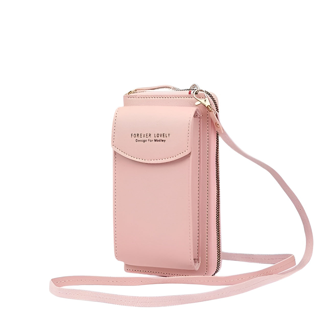 Pink crossbody phone wallet with strap, featuring "Forever Lovely" text. Stylish, compact design for women. Ideal for travel and everyday use.