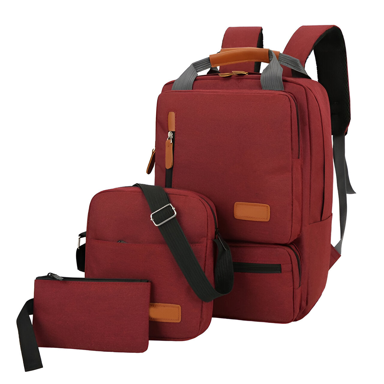 Red multifunctional backpack set with shoulder bag and pouch, featuring durable fabric, leather accents, and adjustable straps. Ideal for travel and school.