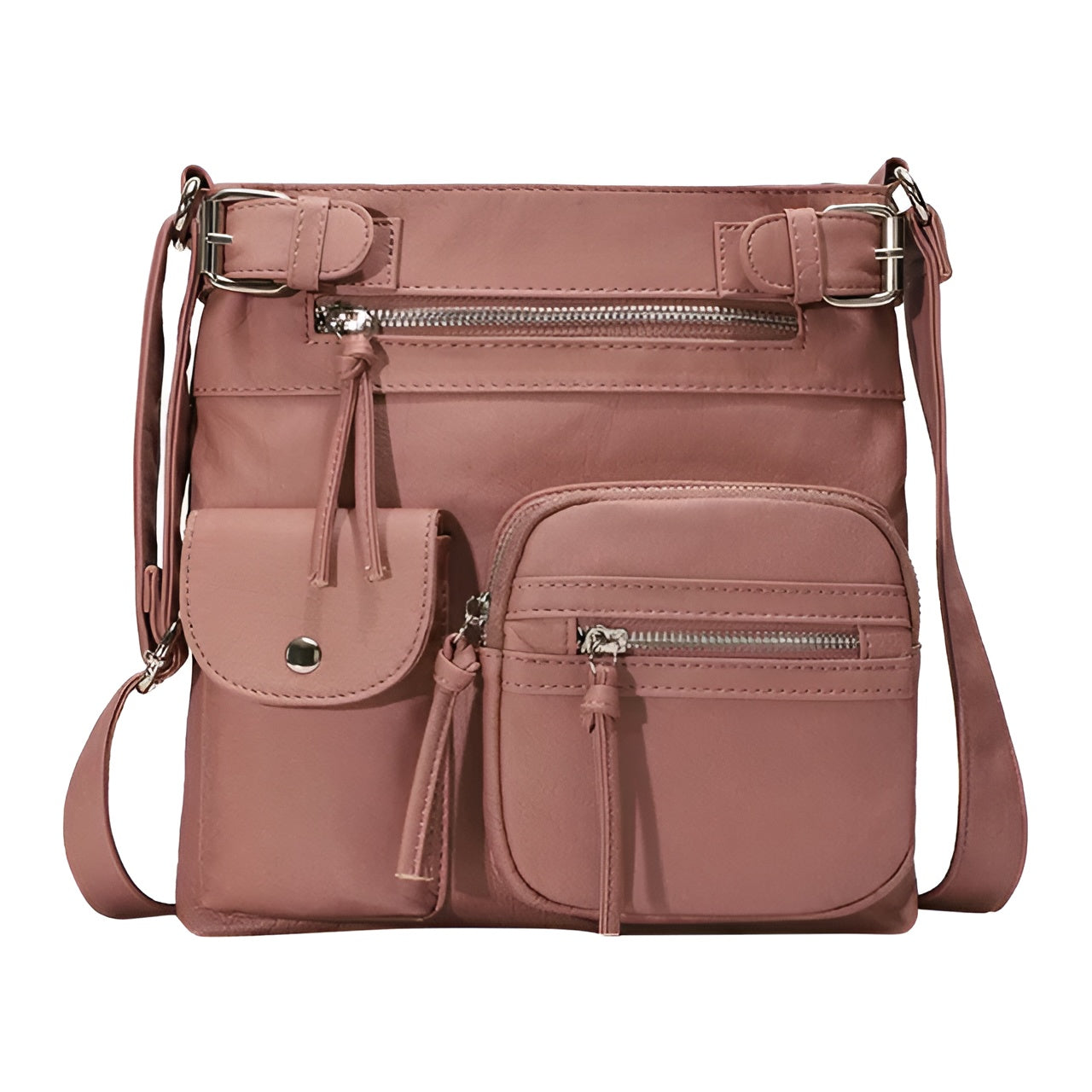 Pink leather crossbody bag with multiple zippered pockets and adjustable strap, ideal for women. Stylish, functional handbag for everyday use.