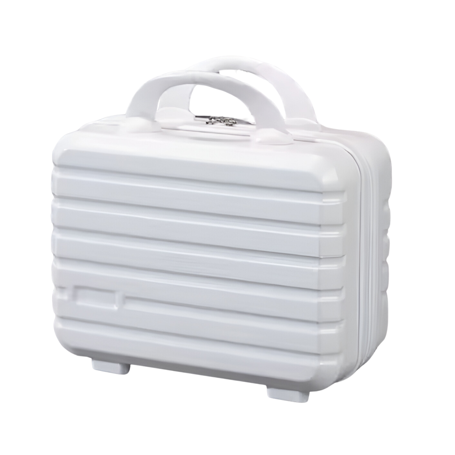 White hard-shell travel suitcase with handle, compact design, durable material, ideal for carry-on luggage, sleek and modern style.