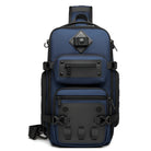 Navy blue tactical sling backpack with multiple compartments, durable zippers, and adjustable strap. Ideal for travel, hiking, and outdoor activities.