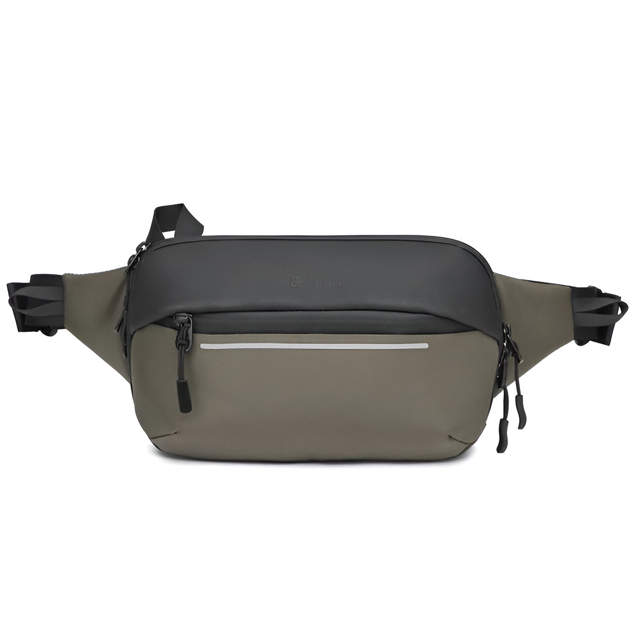 Olive green and black waterproof crossbody sling bag with adjustable straps, front zipper pocket, and sleek design. Ideal for travel and outdoor activities.