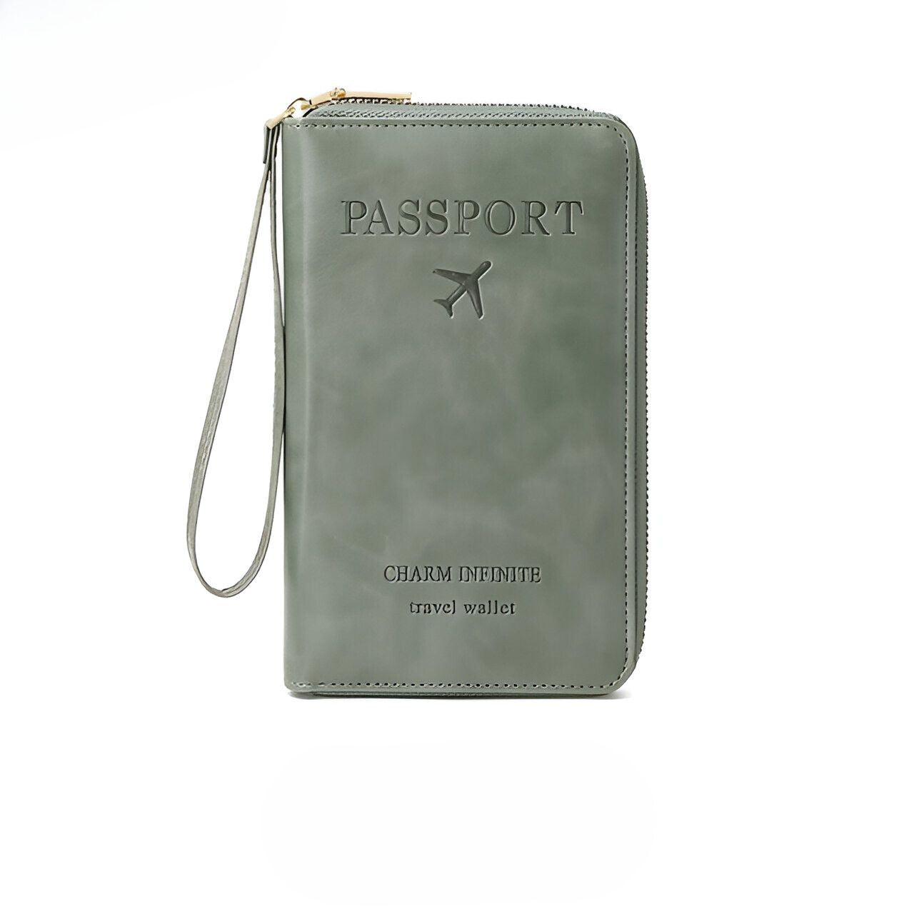 Green leather travel wallet with "Passport" and airplane design, featuring a wrist strap and zip closure. Ideal for organizing travel documents.