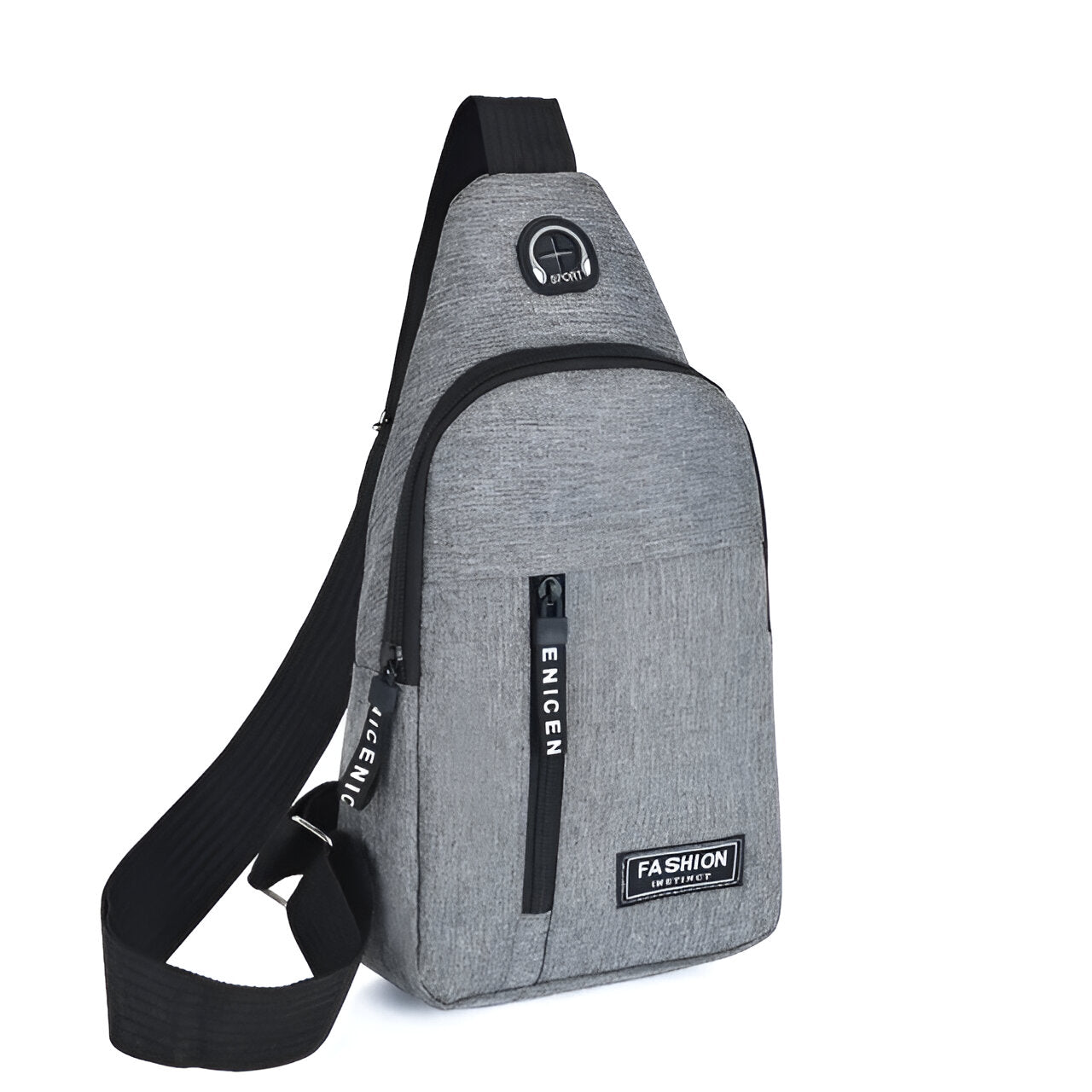 Gray crossbody sling bag with adjustable strap, front zipper pocket, and "Fashion" label. Ideal for travel, casual use, and urban style enthusiasts.