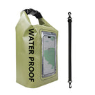 Green waterproof dry bag with transparent phone pocket and detachable strap, ideal for outdoor activities, kayaking, and hiking gear protection.