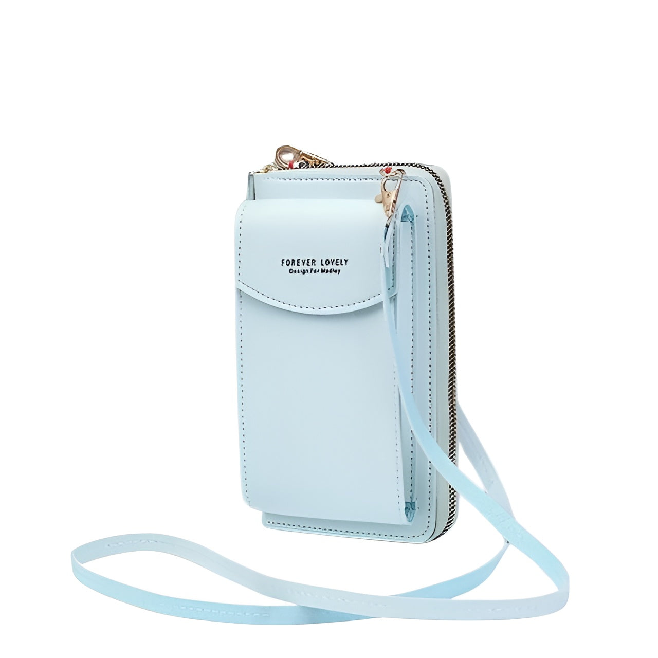 Light blue crossbody phone wallet with strap, zippered closure, and "Forever Lovely" text. Stylish, compact accessory for women.