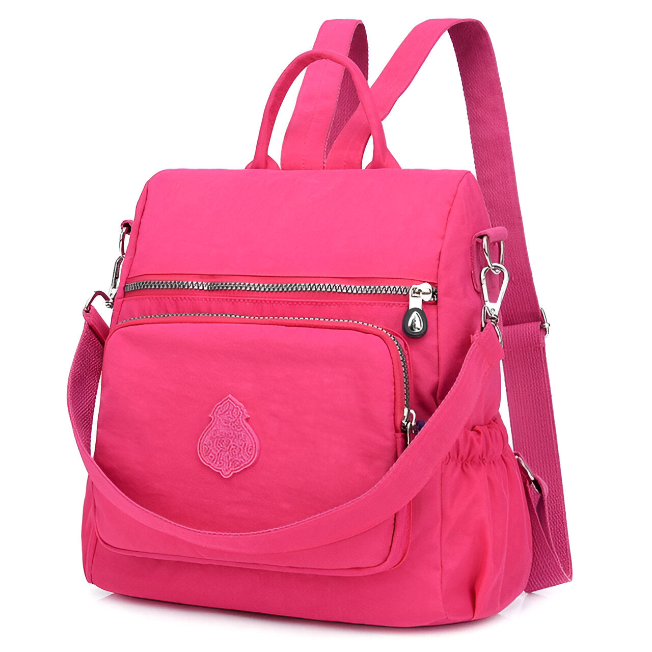 Vibrant pink backpack purse with multiple zippered compartments, adjustable straps, and a stylish design. Perfect for travel and daily use.