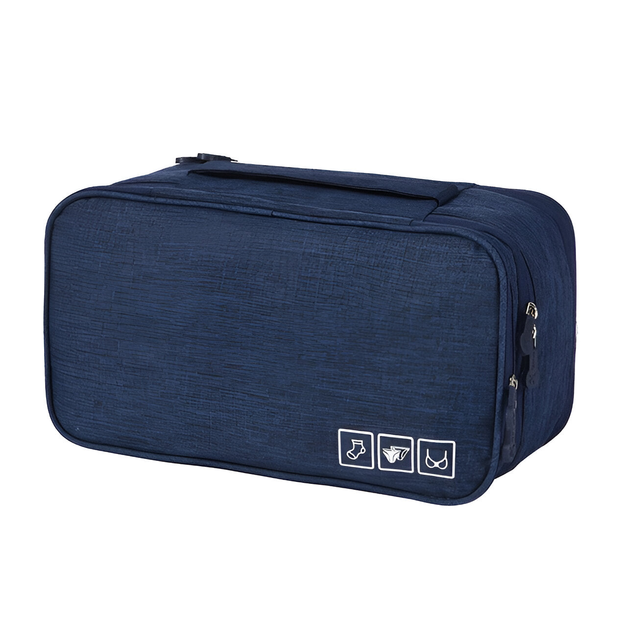 Navy blue travel shoe bag with zipper, handle, and icons for organization. Ideal for packing shoes, clothes, and accessories. Durable and lightweight.