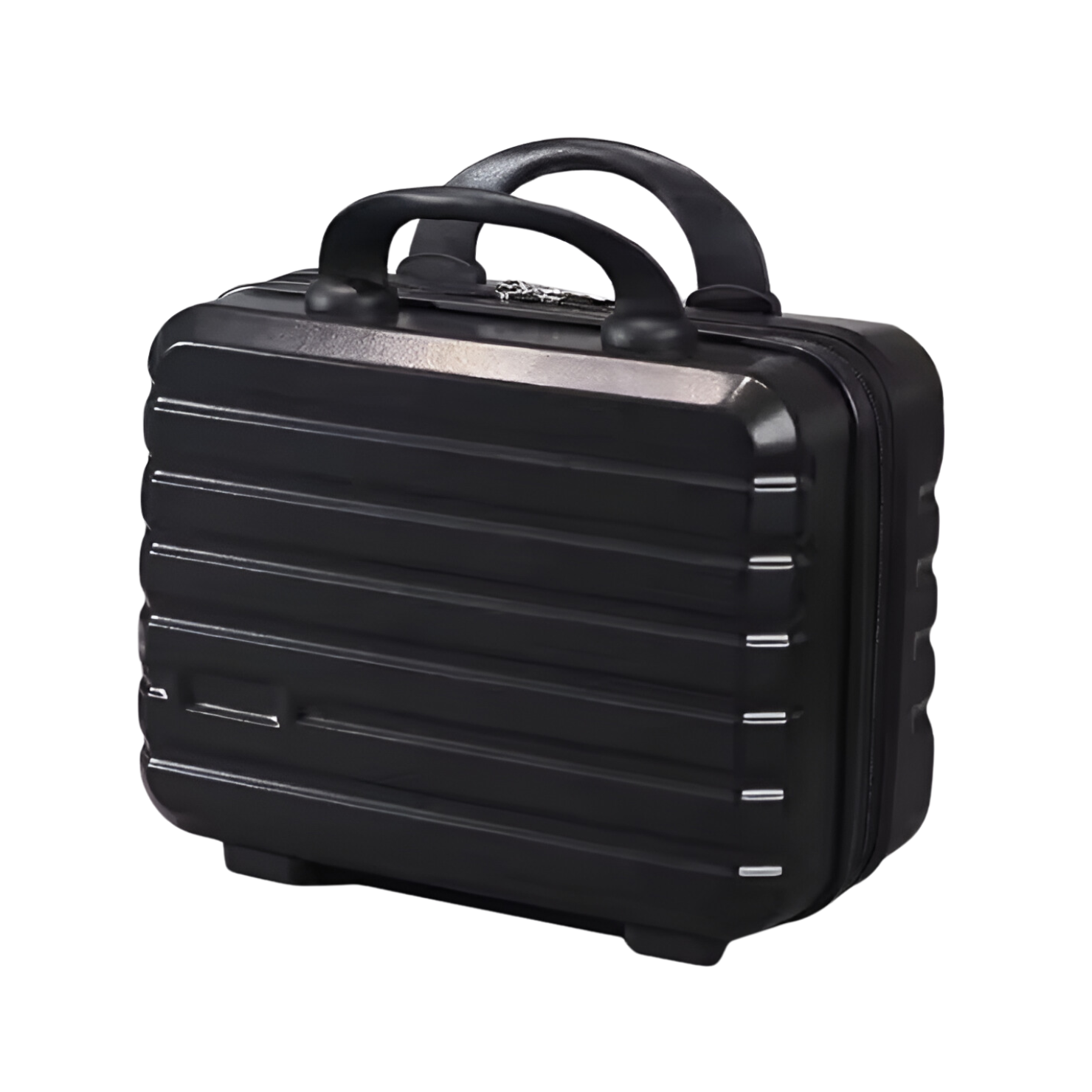 Black hard-shell carry-on suitcase with ribbed design, dual handles, and zipper closure. Ideal for travel, durable luggage, compact storage.