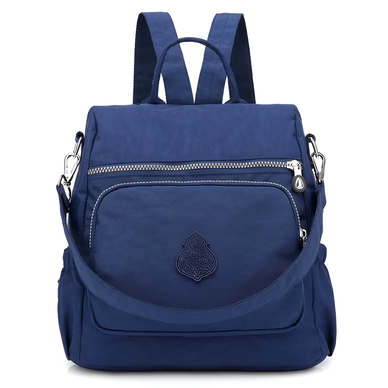 Blue waterproof nylon backpack with front zipper pocket, adjustable straps, and embroidered logo. Ideal for travel, school, or daily use.