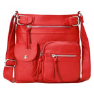 Red leather crossbody bag with multiple zippered pockets and adjustable strap, ideal for women. Stylish, functional handbag for everyday use.