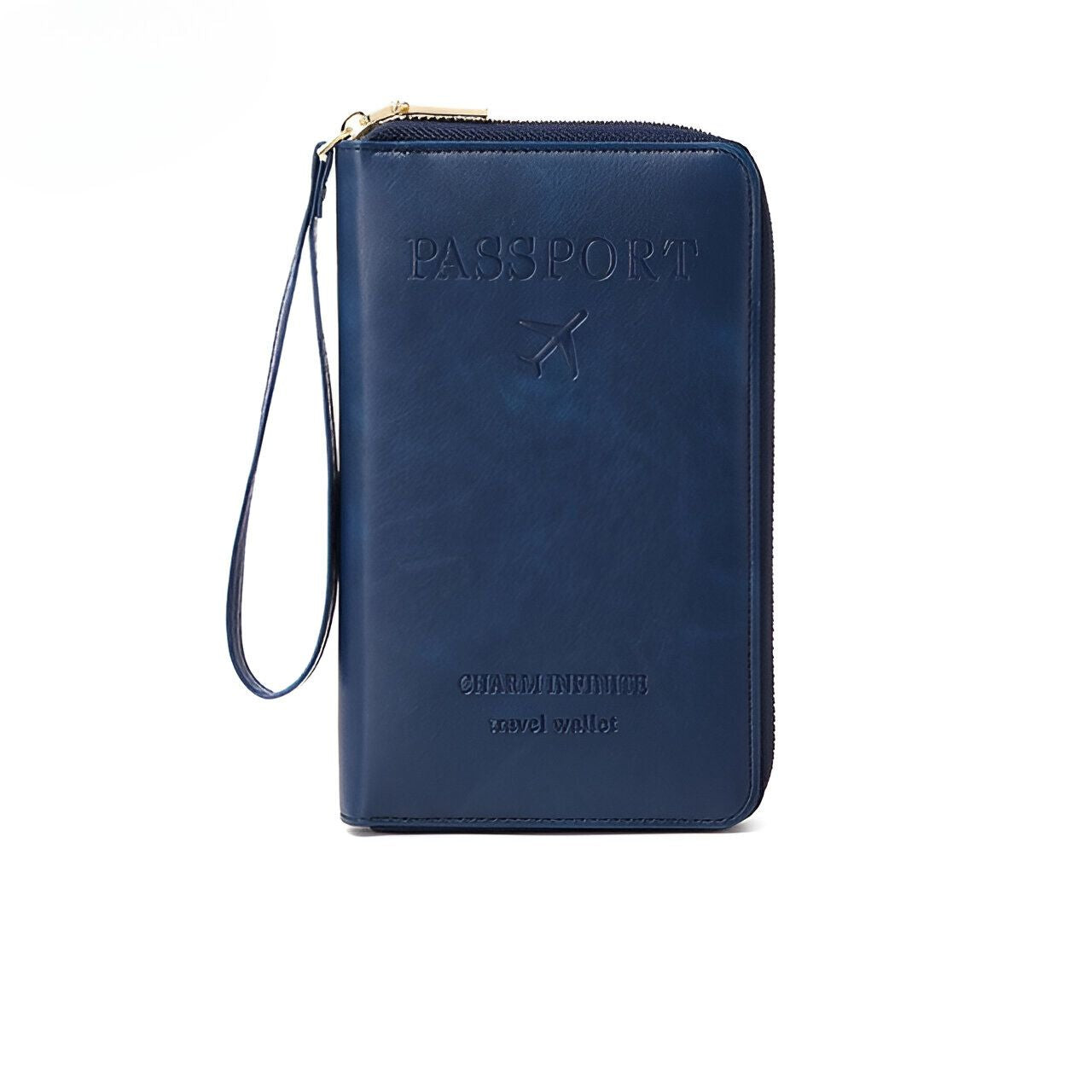 Blue leather travel wallet with embossed "Passport" text and airplane icon, featuring a wrist strap. Ideal for organizing travel documents securely.