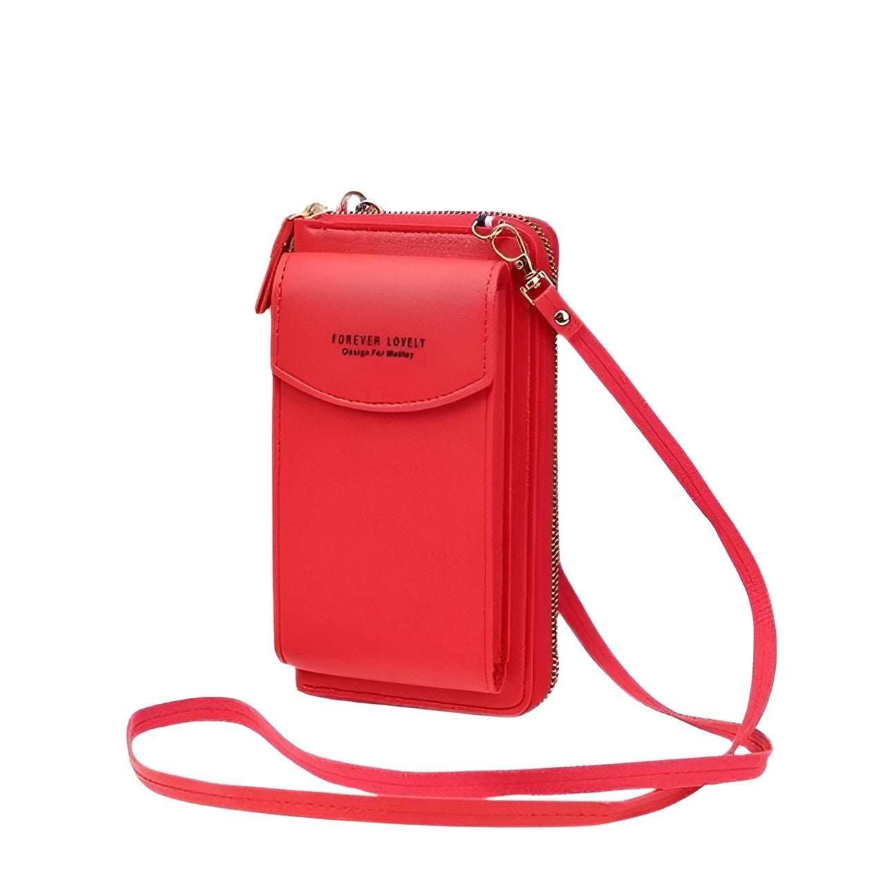 Red crossbody phone wallet with adjustable strap, multiple compartments, and gold-tone hardware. Stylish and functional accessory for women.