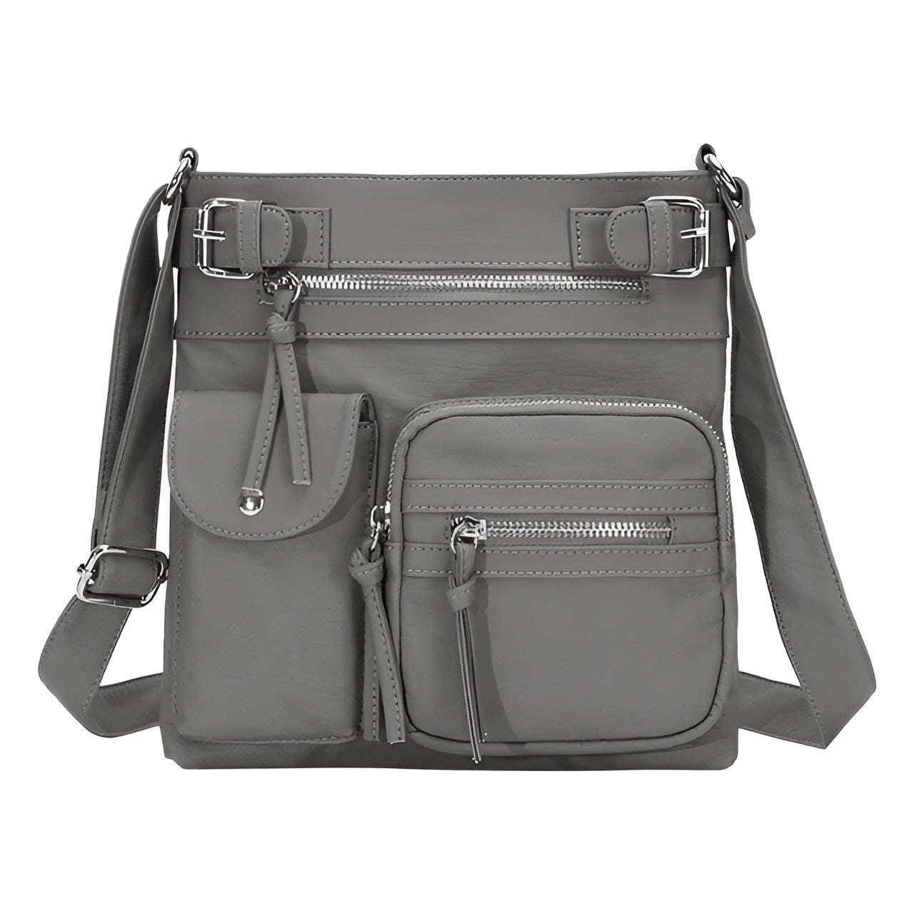 Gray crossbody bag with multiple zippered pockets, adjustable strap, and buckle accents. Stylish and functional women's handbag for everyday use.