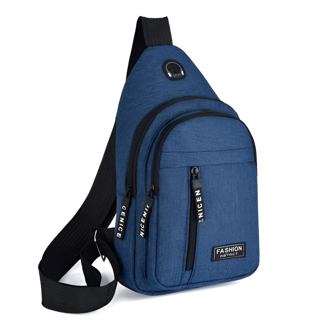 Blue crossbody sling bag with USB charging port, multiple zippered compartments, and adjustable strap. Ideal for travel, casual use, and daily essentials.