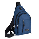 Blue crossbody sling bag with USB charging port, multiple zippered compartments, and adjustable strap. Ideal for travel, casual use, and daily essentials.