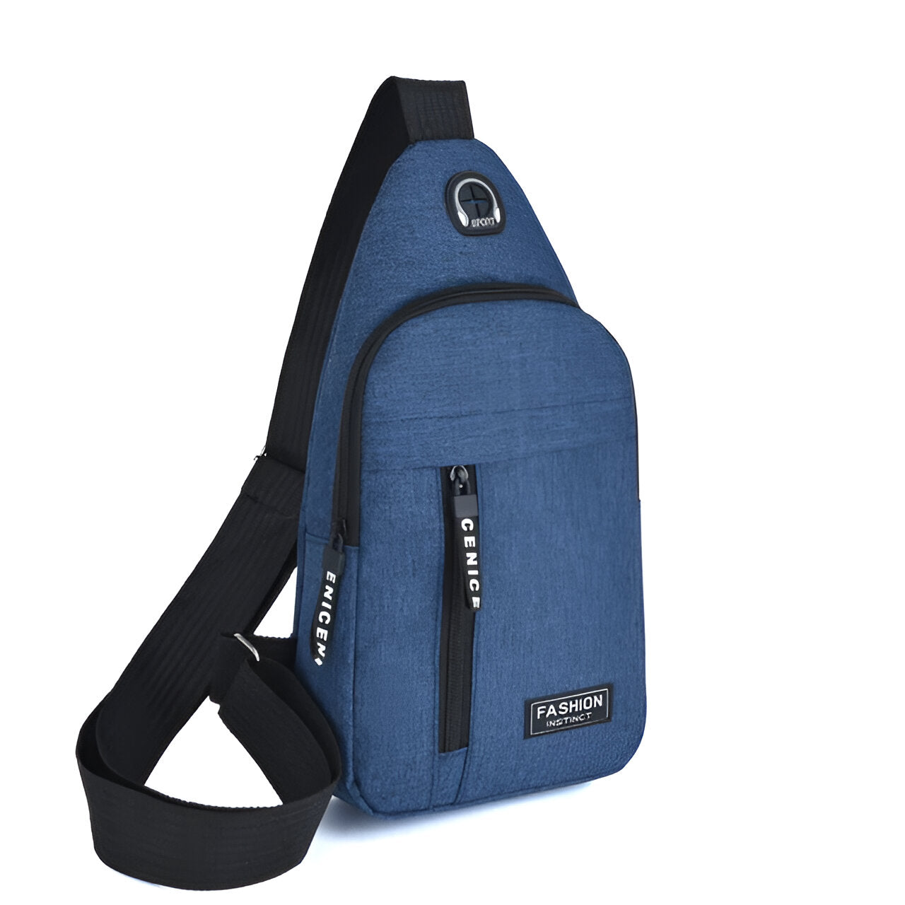 Blue crossbody sling bag with USB charging port, front zipper pocket, and adjustable strap. Ideal for travel and daily use. Fashionable and functional design.