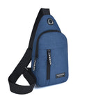 Blue crossbody sling bag with USB charging port, front zipper pocket, and adjustable strap. Ideal for travel and daily use. Fashionable and functional design.