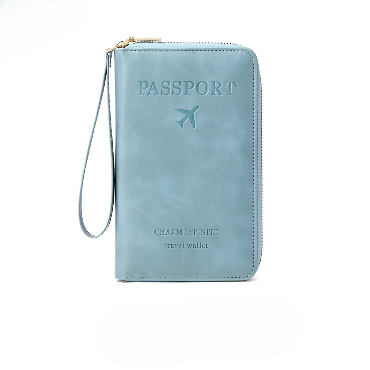 Light blue leather travel wallet with embossed "Passport" text and airplane icon, featuring a wrist strap. Ideal for organizing travel documents.