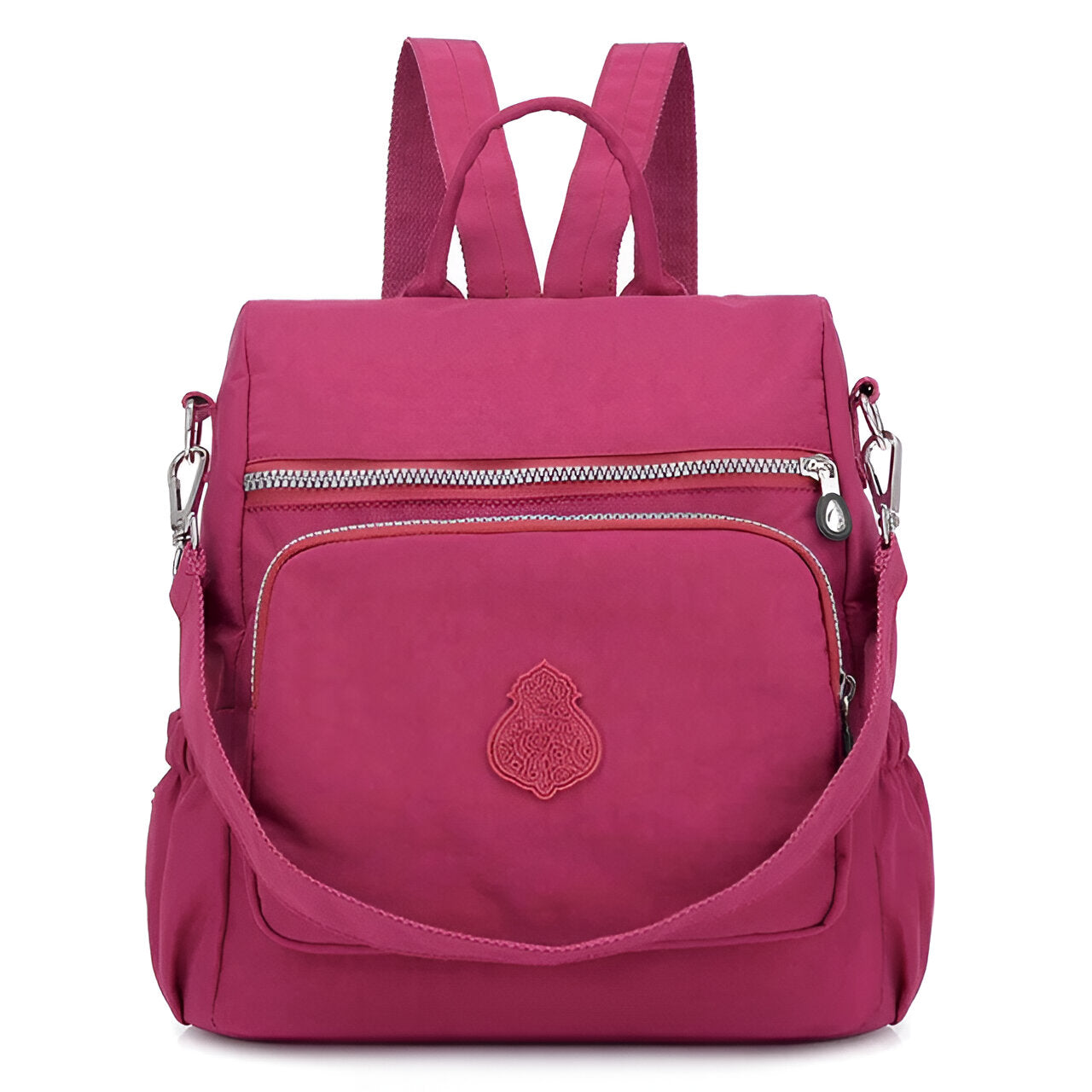 Pink waterproof nylon backpack with multiple compartments, front zipper pocket, and adjustable straps. Ideal for travel, school, or daily use.