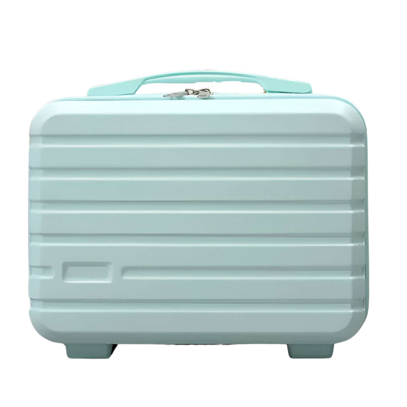 Light blue hard-shell suitcase with horizontal ridges, secure lock, and sturdy handle. Ideal for travel, durable luggage, compact design.