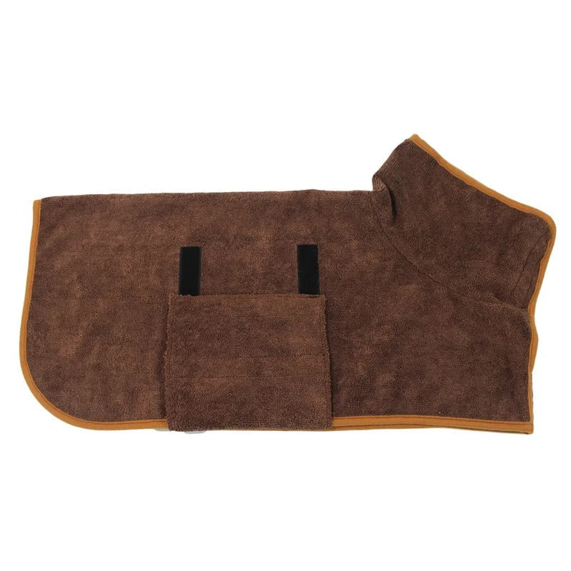 Brown dog drying coat with adjustable straps, absorbent microfiber material, and orange trim. Ideal for pet grooming and post-bath comfort.