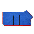 Blue microfiber dog drying towel with red trim and black straps, ideal for pet grooming and quick drying. Perfect for dog bath time essentials.