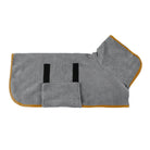 Gray microfiber dog bathrobe with yellow trim, featuring adjustable straps and a hood. Ideal for drying pets quickly after baths.