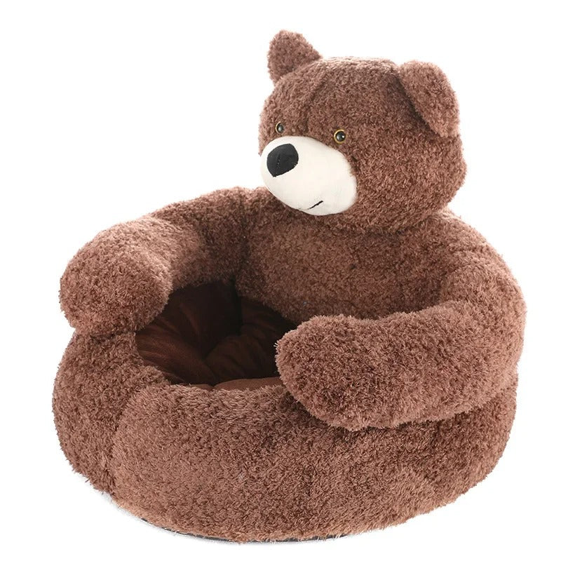 Plush brown bear-shaped pet bed with soft, cozy fabric, ideal for cats and small dogs. Perfect for pet comfort and home decor.