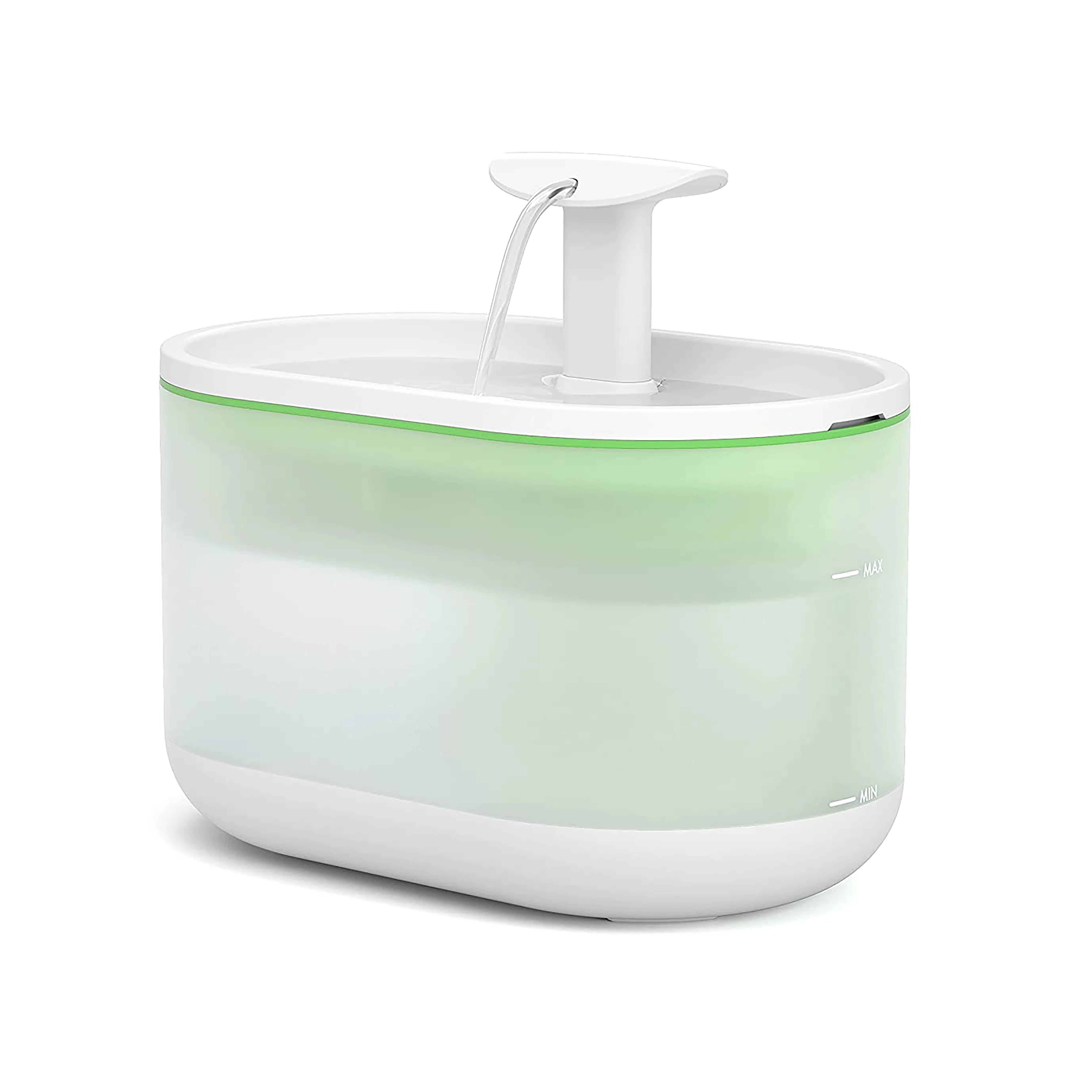 Automatic pet water fountain with translucent green and white design, featuring adjustable spout and water level indicators. Ideal for cats and dogs.