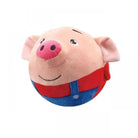 Round plush pig toy with red and blue outfit, featuring a smiling face and pink snout. Perfect for kids' gifts and nursery decor.