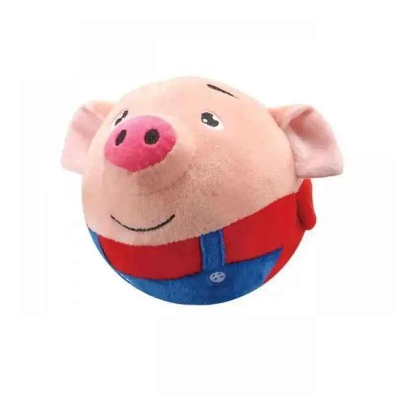 Round plush pig toy with red and blue outfit, featuring a smiling face and pink snout. Perfect for kids' gifts and nursery decor.